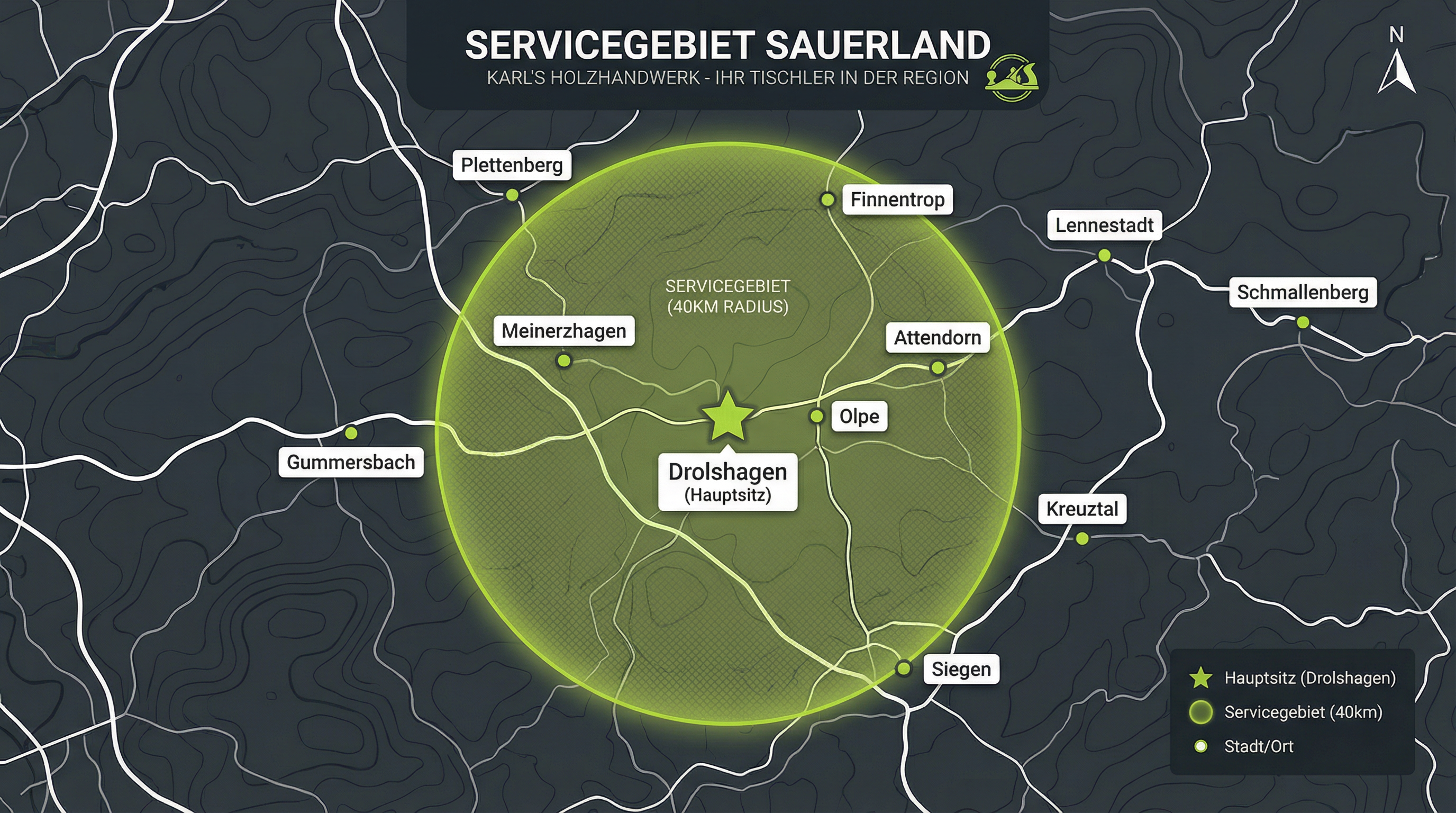 Einzugsgebiet der Tischlerei Schürmann im Sauerland - 40km Radius um Drolshagen